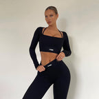 Solid Color Knitted Letter Body-hugging Suit Round Neck Long Sleeve Short Top High Waist Skinny Leggings Two-piece Set