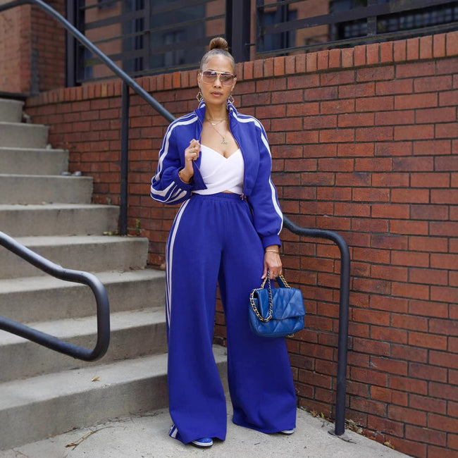 Striped Suit Zipper Thickening Sweater Leisure Commute Two-piece Set Main Image