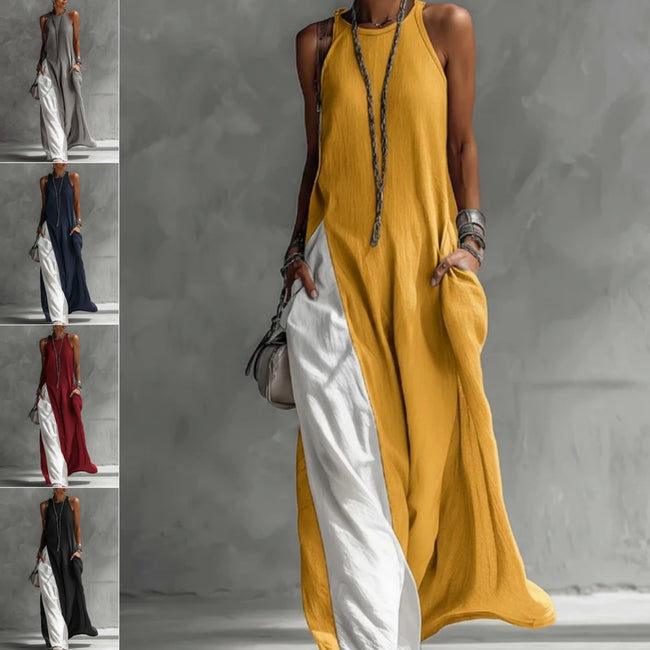 Women Strappy Maxi Dress A-line Vest Type Color Block Summer Beach Dress Loose Casual Halter Neck Pocket Side Split Long Dresses Hover Image