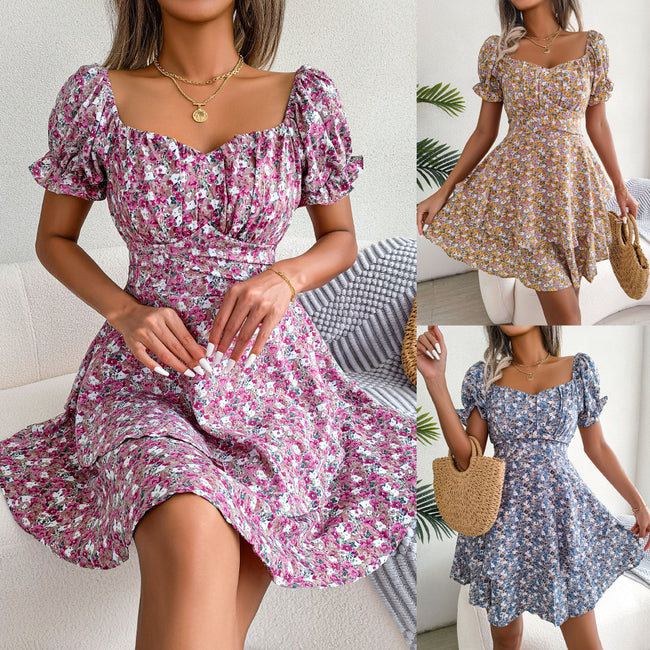 Women Mini Dress Temperament Big Swing Loose Hem Flower Print Shirring Dress Up Short Sleeves High Waist Summer Dress Clothes Hover Image