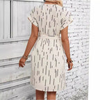 Women's Full Print Slotted Neckline Batwing Sleeve Belt Dress