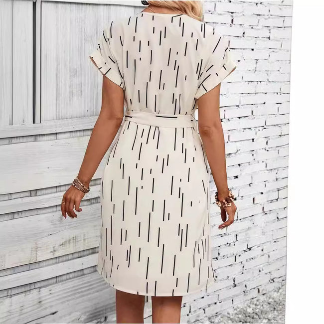Women's Full Print Slotted Neckline Batwing Sleeve Belt Dress Main Image