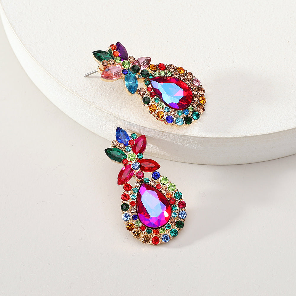 Sparkling Multicolor Paved Rhinestone Teardrop Stud Earrings Women Luxury Elegant Party Prom Formal Jewelry Accessories