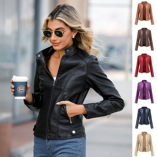Women's Zip-up Leather Jackets Fashion Solid Color Pockets Stand Collar Top Outwear Clothing Hover Image