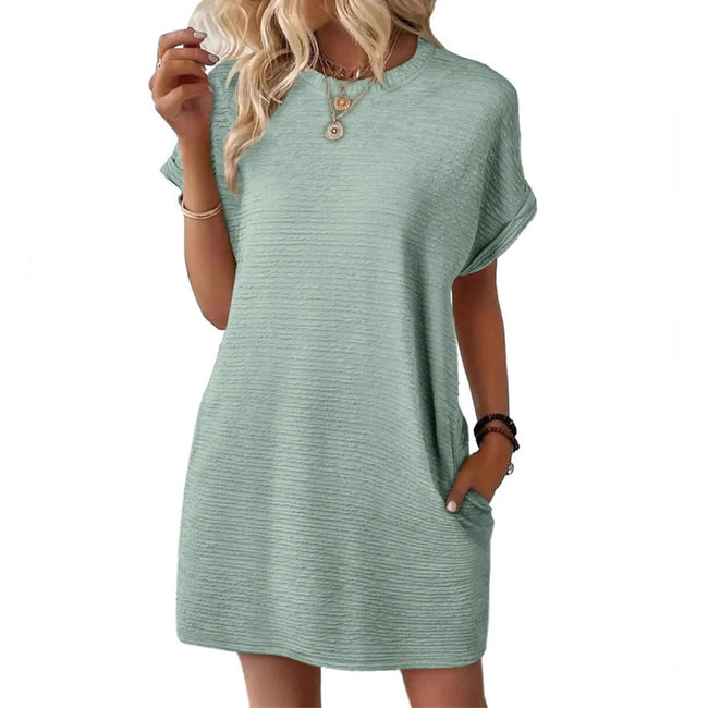Loose Round Neck Pocket Solid Color Short Sleeve Dress Women Main Image