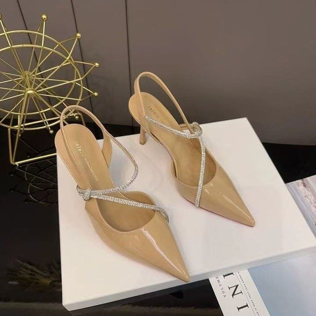 French Style Patent Leather Nude Rhinestone Closed Toe Sandals For Women, 2026 Summer New Arrival Versatile Stiletto Pointed Toe Elegant High Heels Hover Image