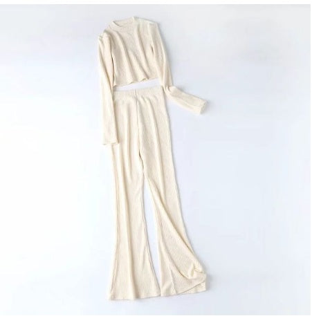 Slim Short Long Sleeved T Shirt Women  Highwaist Flared Trousers