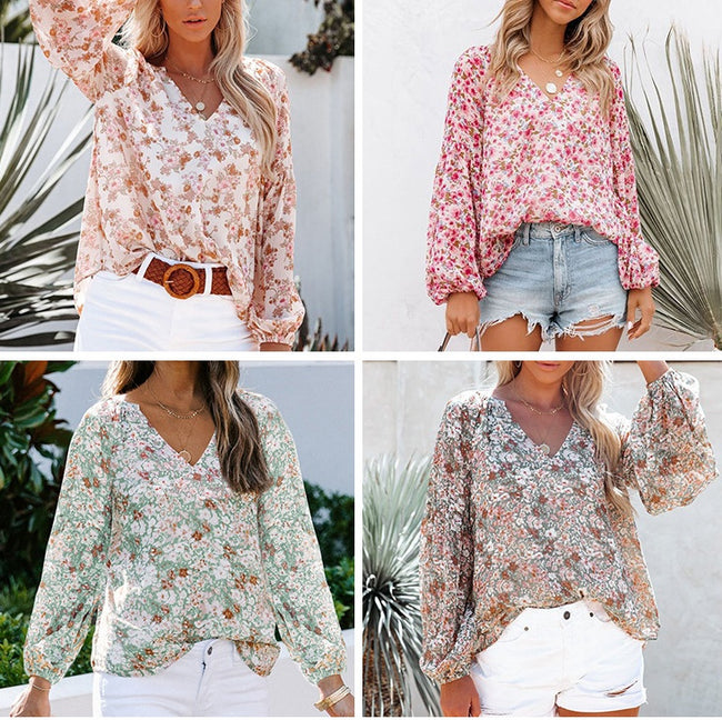 Lantern Sleeve Shirt Women Floral Print Chiffon Shirt Main Image