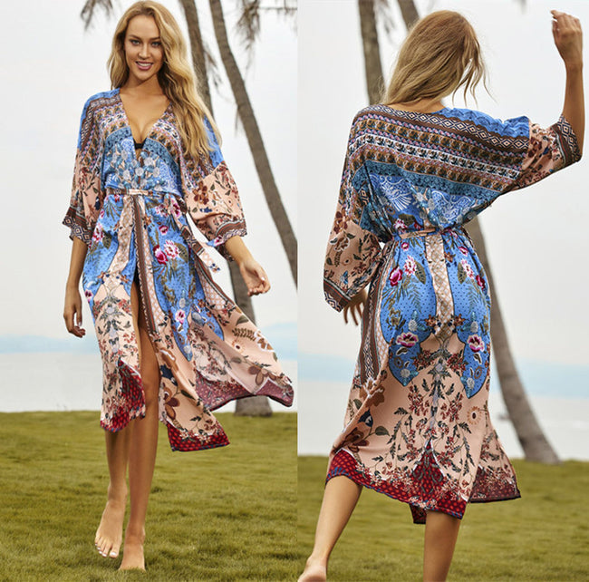 Rayon Watermark Printed Beach Cover-up Cardigan Long Dress Main Image