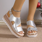 European And American Plus Size Peep Toe Wedge Sandals Round Toe Elastic Band High Heel Sandals Women's Loose High Silver Roman Sandals Women