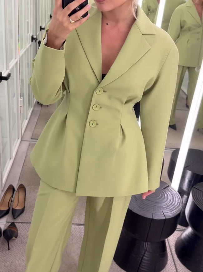 Fruit Green Waisted Suit Jacket & High Waisted Pants Set Hover Image
