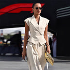 Beige Elegant Sleeveless Waist-Cinching Suit Set