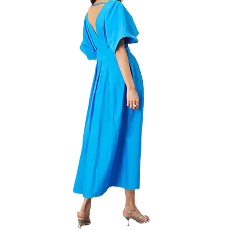 Blue V-neck Pleated Dress Bell Sleeve Dress French Style