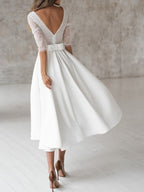 Latest Satin Long Sleeve Embroidered V-neck  Back Lace Bridal Wedding Dress