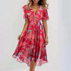 Flowers Printed V-neck Dress Summer A-line Short-sleeved Dresses For Women