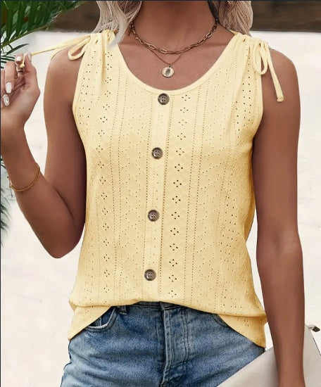 Eyelet Button Front Tank Top, Casual Sleeveless Tank Top For Summer, Women's Clothing Main Image
