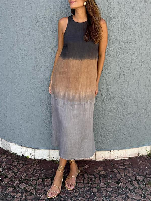 Summer Fashion Round Neck Sleeveless Color Matching Tencel Dress