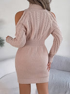 Women Casual Off-Shoulder Half Turtleneck Cable Knit Lantern Sleeve Bodycon Sweater Dress
