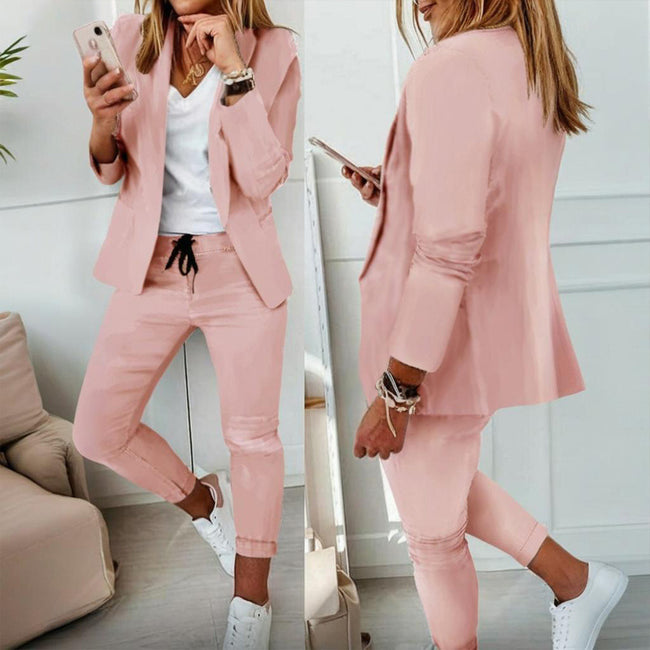 Women's Solid Color Long Sleeve Suit Set - Stylish Notch Lapel Blazer With Pockets & Drawstring Waist Pants, Spring&Fall Business Casual Outfit Hover Image