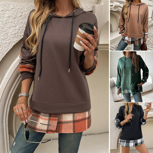 Women's Vintage Oversized Hoodie With Plaid Patchwork Stylish Y2k Clothing Streetwear Round Neck Hooded Long Sleeve Sweatshirts Hover Image