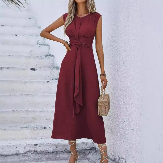 Solid Color Waist Tight Tied Dress Women Main Image