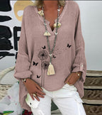 V-neck Printed Slub Shirt Women