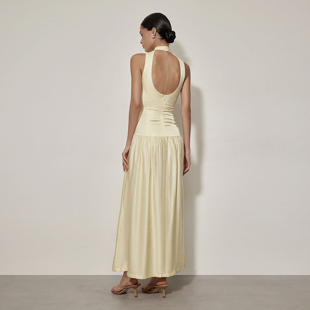 Round Neck Dress Fashion Girl Sleeveless Backless Slim Fit Satin Dress