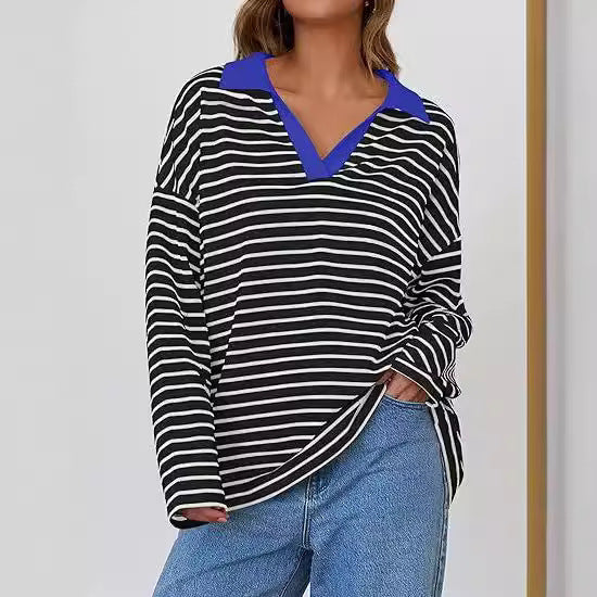 Casual Long Sleeve Color Matching Neckline Embroidered Pullover Sweatshirt Main Image
