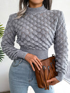Women 3D Diamond Knit Long Sleeve Cropped Sweater