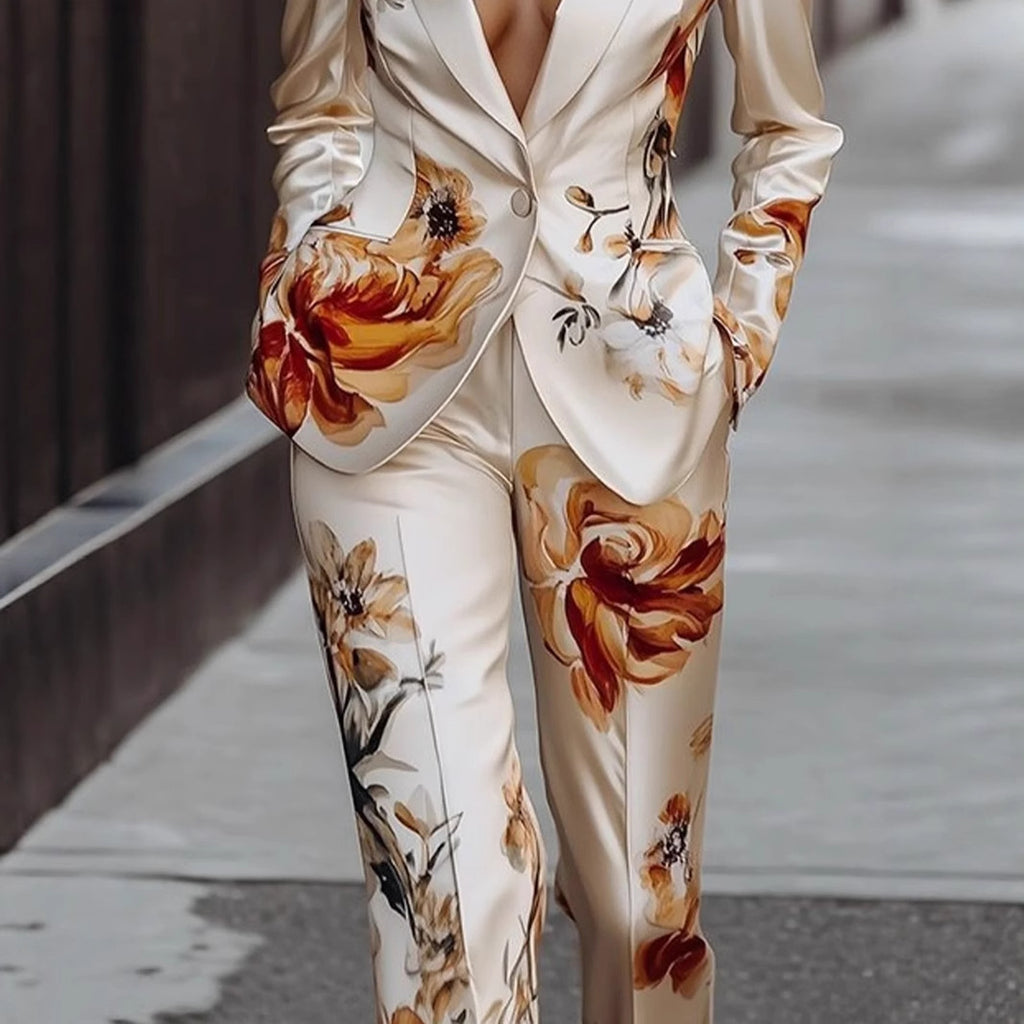 Fashion Printing Satin Long Sleeve Suit Two-piece Set