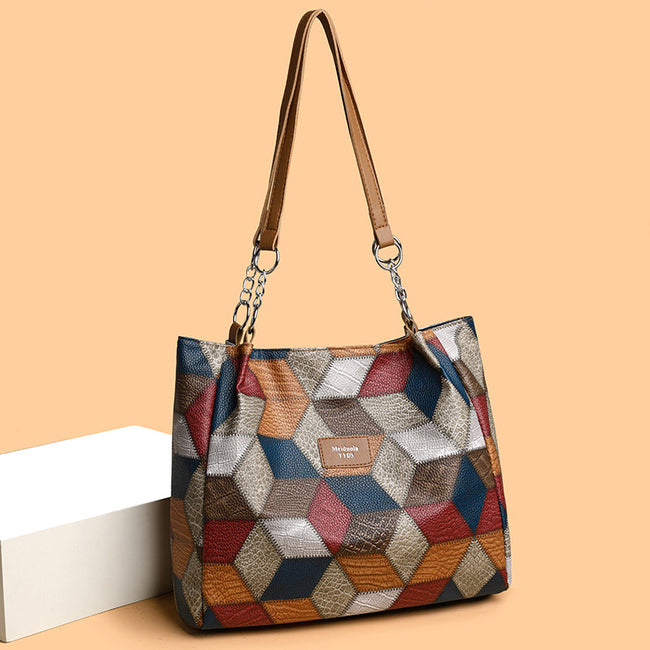 Retro Geometric Pattern Color-matching Shoulder Bag Fashion Large Capacity Stitching Handbag For Women Totes Main Image