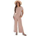 Solid Color Short Sleeve Two-piece Set Women Loose Knit Casual Suit