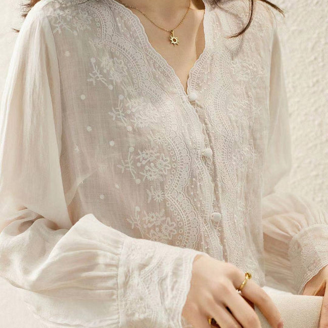 Fashion New V-neck Retro Cotton And Linen Inner And Outer Wear Shirt Women Hover Image