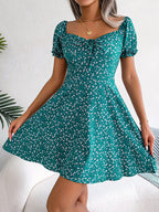 Women   Casual Bell Sleeve Drawstring Tie Flowy Floral Print Dress