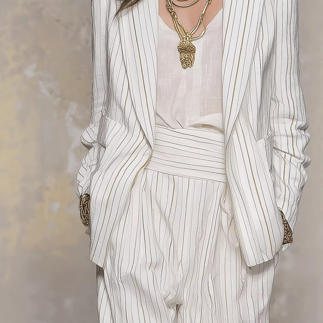 Womens Stylish And Elegant Striped Long-Sleeve Blazer And Pants Suit Set Main Image