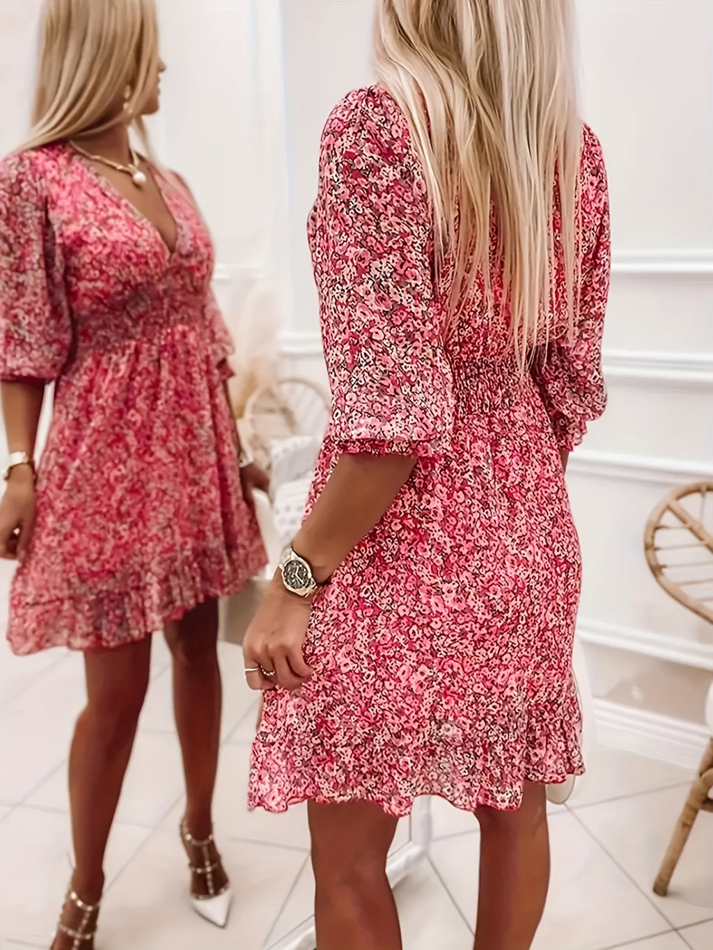 V-neck Printed Dress With Ruffled Sleeves And Waist-exquisite And Elegant Design For Women-perfect For Women's Wear In Spring And Autumn.