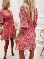 V-neck Printed Dress With Ruffled Sleeves And Waist-exquisite And Elegant Design For Women-perfect For Women's Wear In Spring And Autumn.