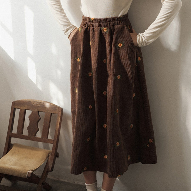 Vintage Corduroy Embroidery Floral High Waist Skirt Hover Image