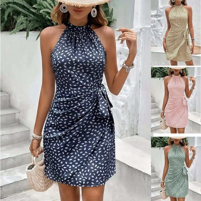 Summer Halterneck Printed Dress With Tied-waist Design Women's Shivering Dots Temperament Dress Hover Image