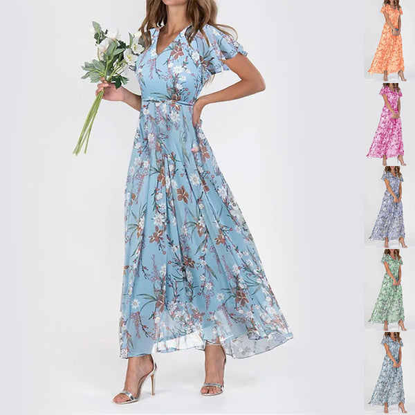 Flowers Print Short Sleeve Dress Summer Fashion Ruffle Beach Dresses Women's Clothing