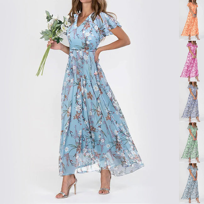 Flowers Print Short Sleeve Dress Summer Fashion Ruffle Beach Dresses Women's Clothing Hover Image