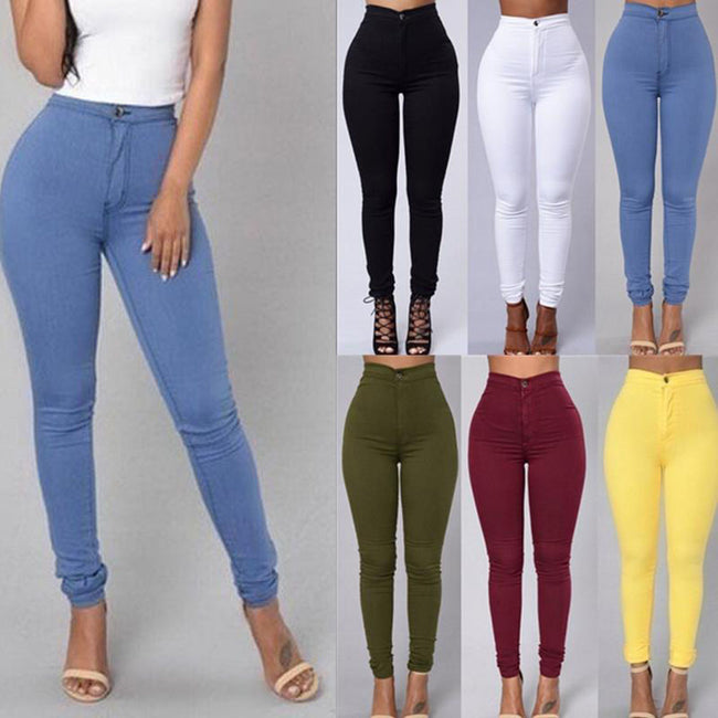 Casual Pants For Women High Waist Stretch Slim Trouser Skinny Candy Color Jeans Hover Image