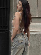Strap Lace Stitching Halterneck Vest Women