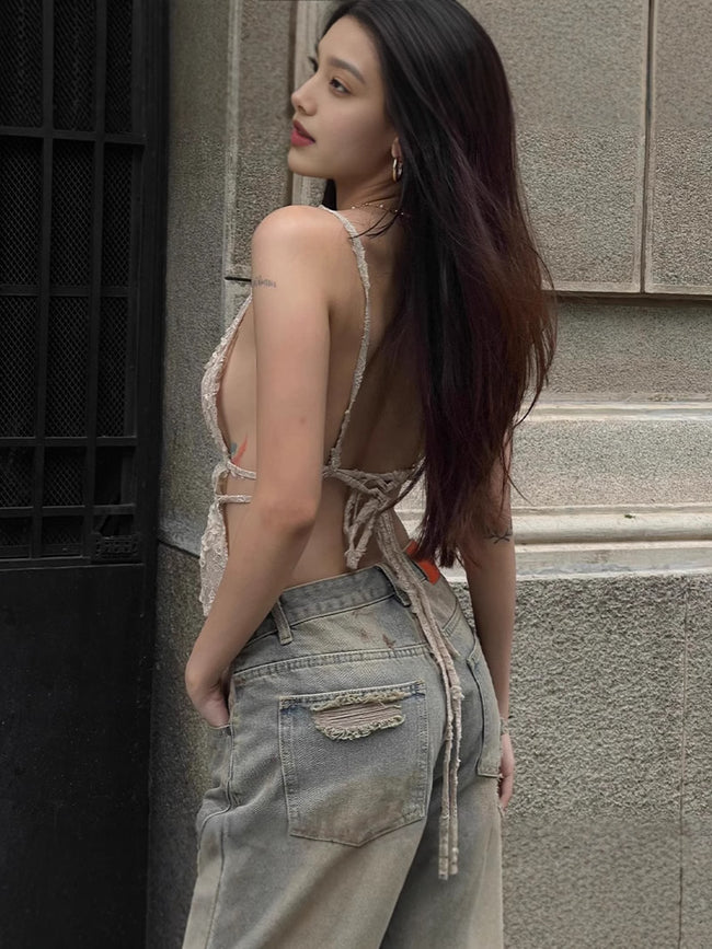 Strap Lace Stitching Halterneck Vest Women Main Image