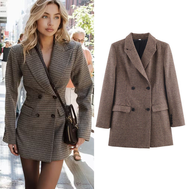 Womens Mid-Length Double-Breasted Houndstooth Blazer Hover Image