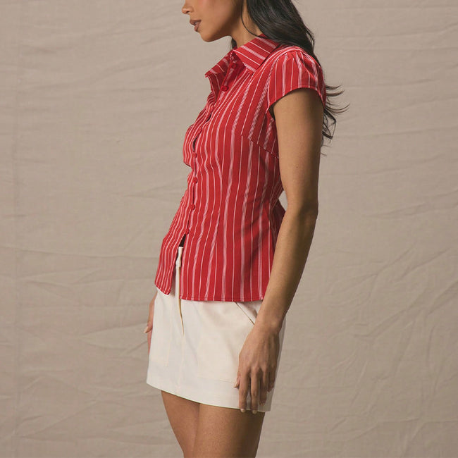 Elegant Slimming Shirt Striped Short-sleeved Cardigan For Women Main Image