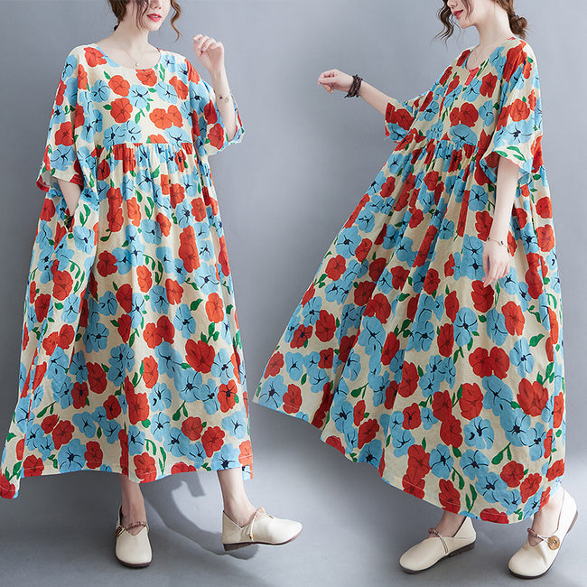 Artistic Large Size Loose Cotton And Linen Printed Short-sleeved Dress For Women Hover Image