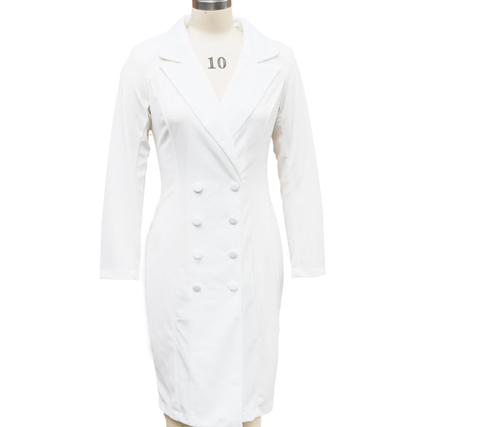 Double-breasted Blazer Dress Fashion Slim-fitting Hip-wrapped Lapel Long-sleeved Dresses Office Commuting Long Jacket Outwear For Women's Clothing