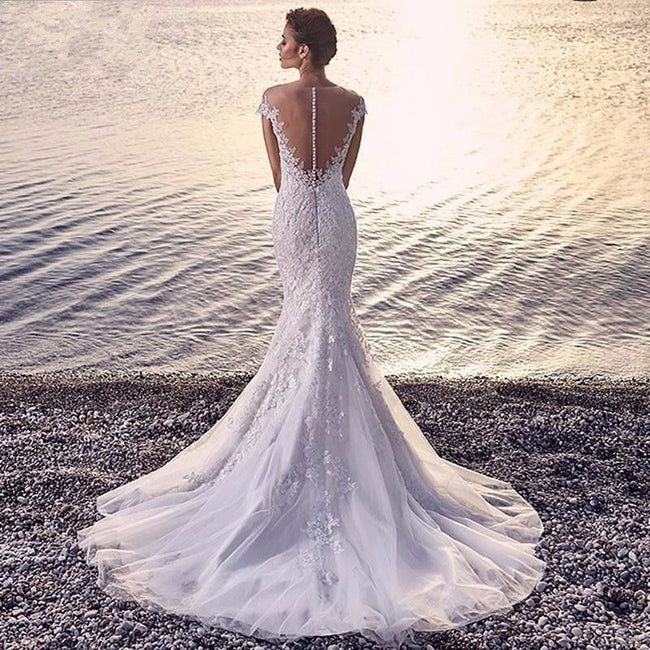 Princess Bride Mermaid Wedding Dress White Trailing Perspective Backless Lace Wedding Dress Main Image