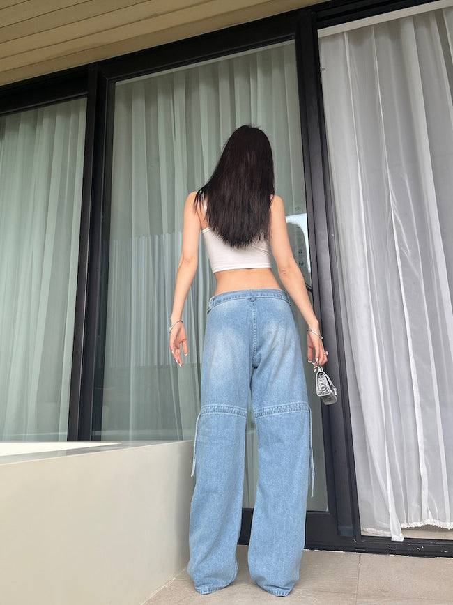 Design Sense Niche Light Blue Wide-leg Tooling Jeans Women Main Image